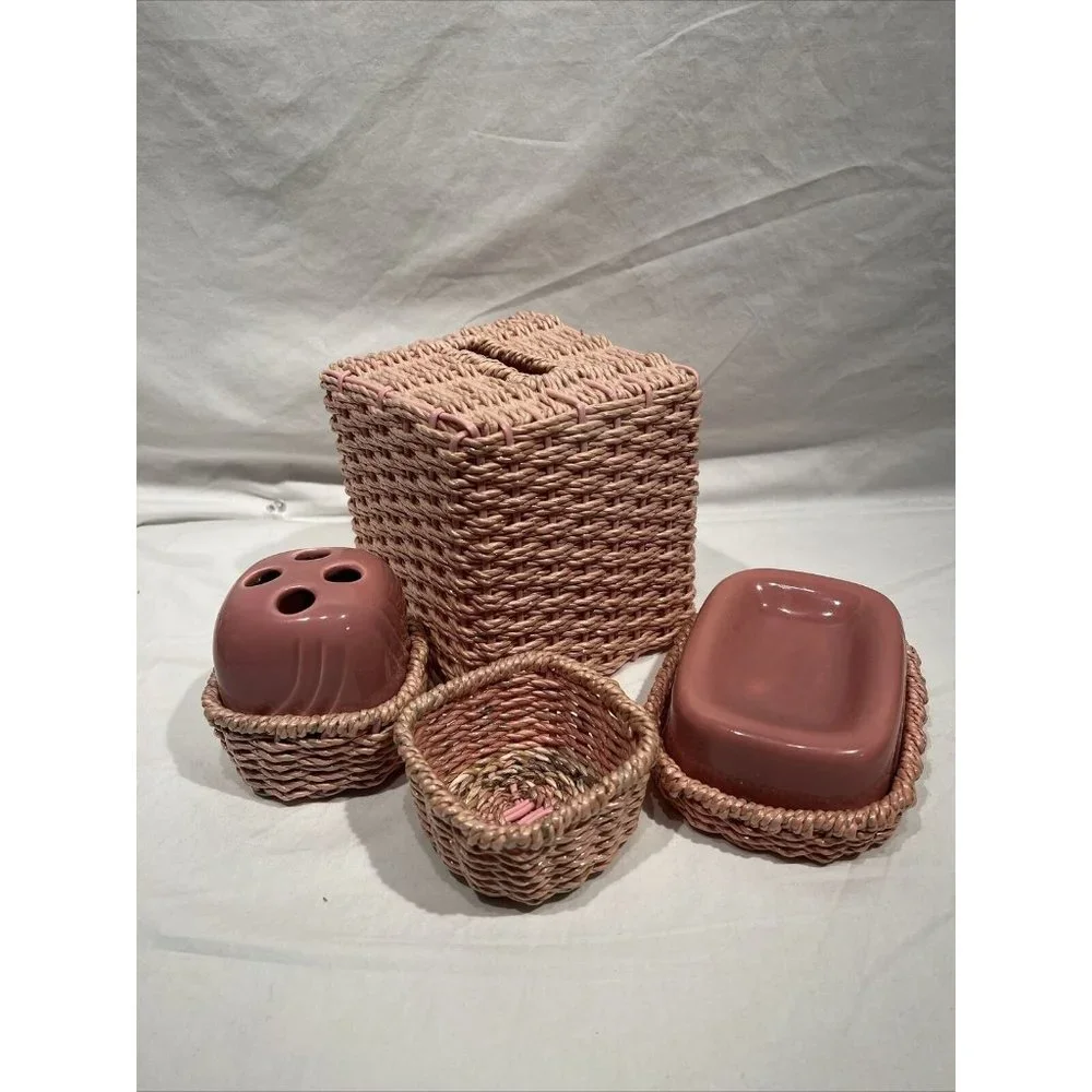 Vintage Pink Wicker‎ Ceramic Bathroom Set Soap  Toothbrush Tissue And Basket 4